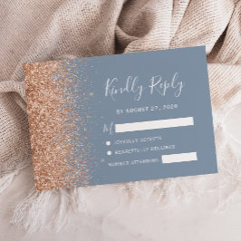 Peach Glitter Dusty Blue Wedding RSVP Kaartje