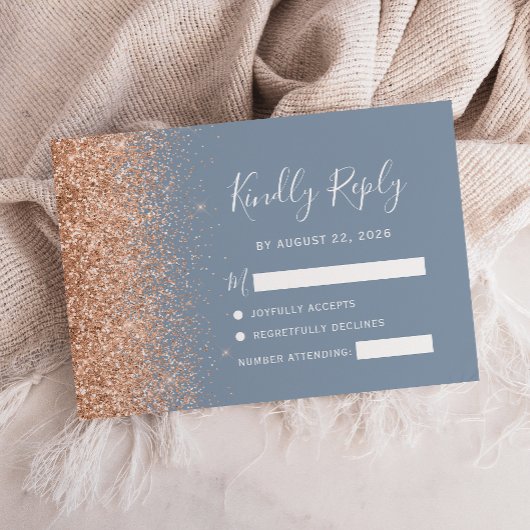 Peach Glitter Dusty Blue Wedding RSVP Kaartje