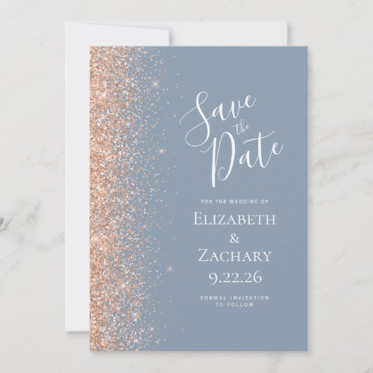 Peach Glitter Edge Dusty Blue Bewaar de datum Aankondiging (Voorkant)