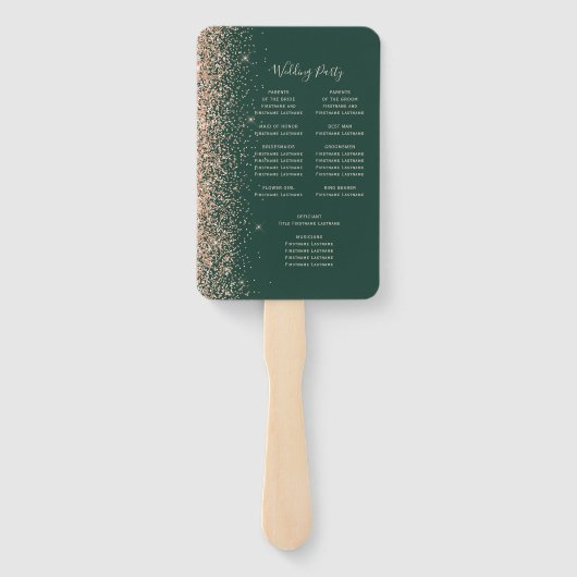 Peach Glitter Edge Emerald Green Wedding Programma Handwaaier (Achterkant)