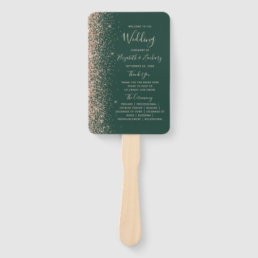 Peach Glitter Edge Emerald Green Wedding Programma Handwaaier (Voorkant)