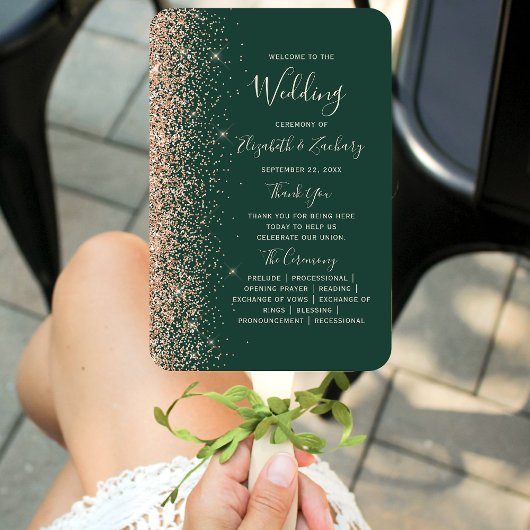 Peach Glitter Edge Emerald Green Wedding Programma Handwaaier