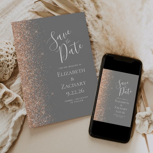 Peach Glitter Edge Gray Save the Date Aankondiging