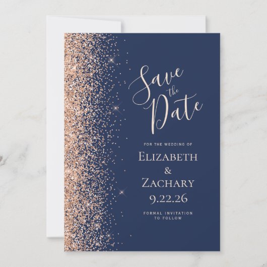 Peach Glitter Edge Navy Blue Bewaar de datum Aankondiging (Voorkant)