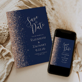 Peach Glitter Edge Navy Blue Bewaar de datum Aankondiging