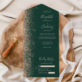 Peach Glitter Emerald Green Wedding All In One Uitnodiging