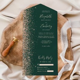 Peach Glitter Emerald Green Wedding All In One Uitnodiging