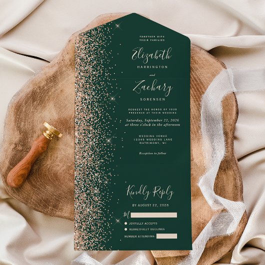 Peach Glitter Emerald Green Wedding All In One Uitnodiging