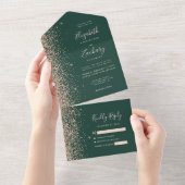 Peach Glitter Emerald Green Wedding All In One Uitnodiging (Afscheurbaar)