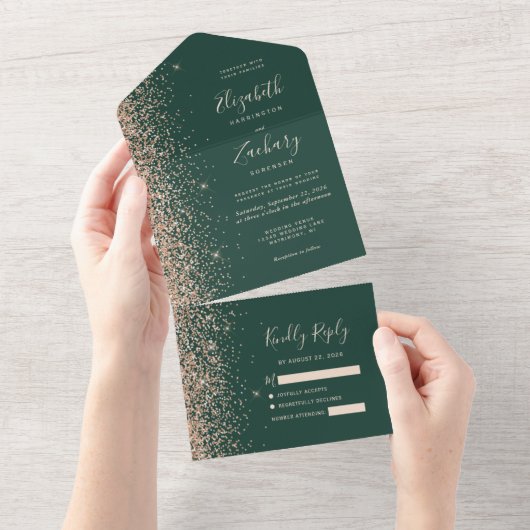 Peach Glitter Emerald Green Wedding All In One Uitnodiging (Afscheurbaar)