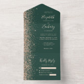 Peach Glitter Emerald Green Wedding All In One Uitnodiging (Binnen)