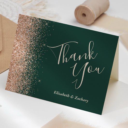 Peach Glitter Emerald Green Wedding Bedankt Kaart