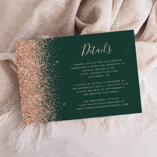 Peach Glitter Emerald Green Wedding Details Informatiekaartje