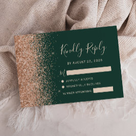 Peach Glitter Emerald Green Wedding RSVP Kaartje