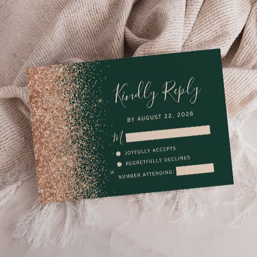Peach Glitter Emerald Green Wedding RSVP Kaartje