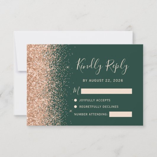 Peach Glitter Emerald Green Wedding RSVP Kaartje (Voorkant)