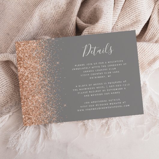 Peach Glitter Gray Wedding Details Informatiekaartje