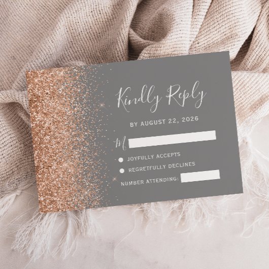 Peach Glitter Grey Wedding RSVP Kaartje