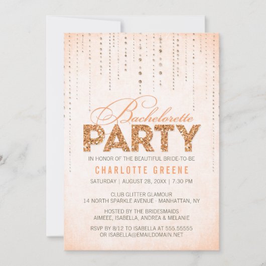 Peach Glitter look Bachelorette Party Invitation Kaart (Voorkant)