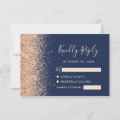 Peach Glitter Navy Blauwe bruiloft RSVP Kaartje (Voorkant)
