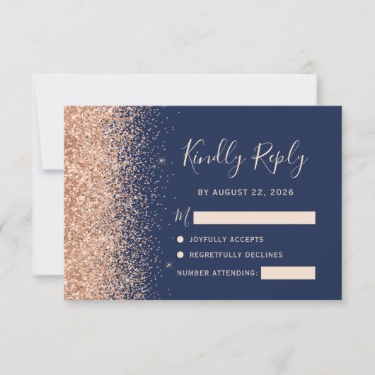 Peach Glitter Navy Blauwe bruiloft RSVP Kaartje (Voorkant)