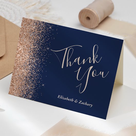 Peach Glitter Navy Blue Wedding Bedankt Kaart