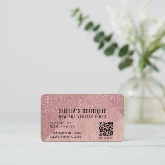 Peach Glitter QR Code en Reward Visitekaartje (Staand voorkant)