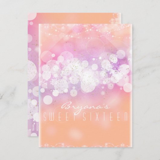 Peach Glow Sparkle Licht Glam Birthday Party Uitnodiging Briefkaart (Voorkant / Achterkant)