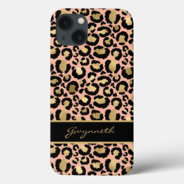 Peach Gold Black leopard Print met Jouw naam Case-Mate iPhone Case