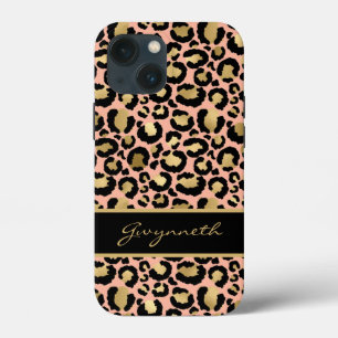 Peach Gold Black leopard Print met Jouw naam Case-Mate iPhone Case