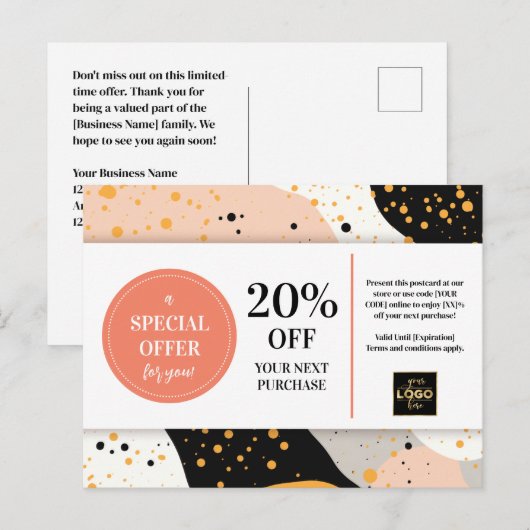 Peach Gold Black Terrazzo Coupon Korting Briefkaart (Voorkant / Achterkant)