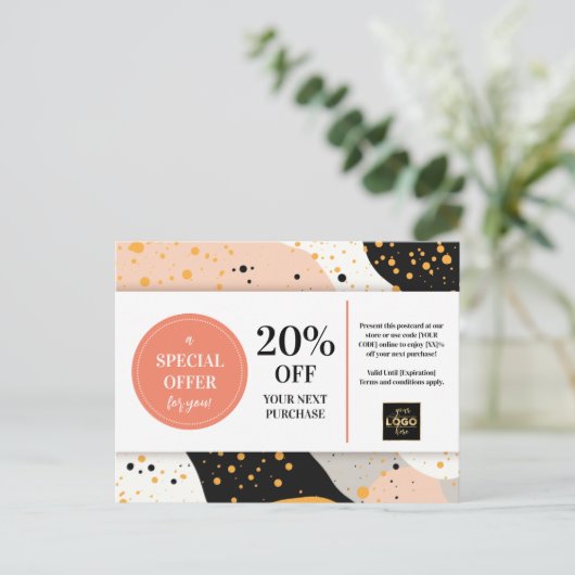 Peach Gold Black Terrazzo Coupon Korting Briefkaart (Staand voorkant)