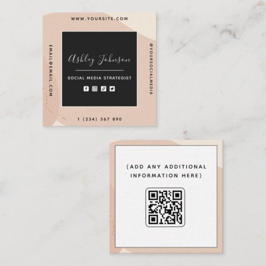 Peach Gold Boho Social Media QR Code Neutrale Crea Vierkante Visitekaartje (Voorkant / Achterkant)
