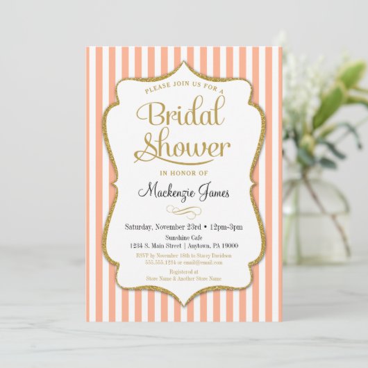 Peach Gold Bridal Shower Invitation legant Stripe Kaart (Staand voorkant)