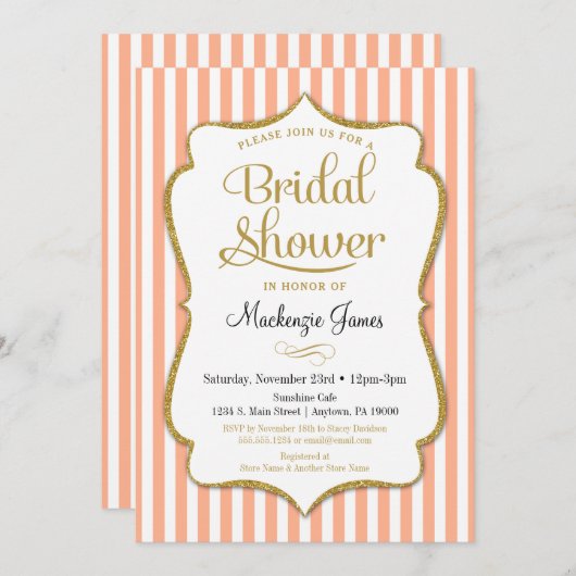 Peach Gold Bridal Shower Invitation legant Stripe Kaart (Voorkant / Achterkant)