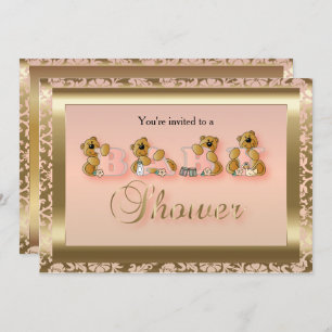 Peach & Gold Damask met Teddy Bears   BABY SHOWER Kaart