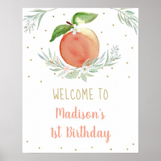 Peach Gold Floral Birthday Welkom Poster (Voorkant)