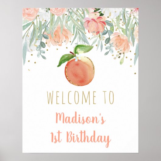 Peach Gold Floral Birthday Welkom Poster (Voorkant)