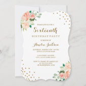 Peach Gold Floral Confetti 16e verjaardagsfeestje Kaart (Voorkant)
