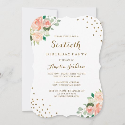 Peach Gold Floral Confetti 60ste verjaardagsfeestj Kaart (Voorkant)