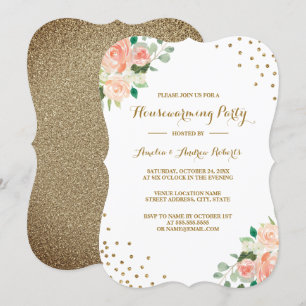 Peach Gold Floral Confetti Housewarming Party Kaart