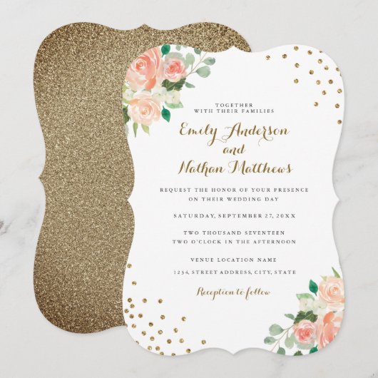 Peach Gold Floral Confetti huwelijksuitnodiging Kaart (Voorkant / Achterkant)