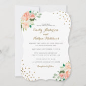 Peach Gold Floral Confetti huwelijksuitnodiging Kaart (Voorkant)