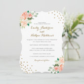 Peach Gold Floral Confetti huwelijksuitnodiging Kaart (Staand voorkant)
