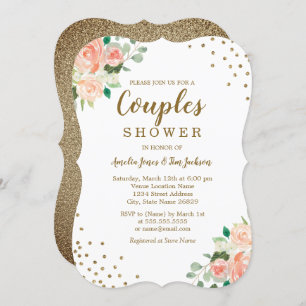 Peach Gold Floral Confetti Wedding Couples Shower Kaart