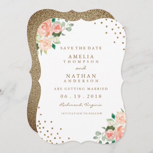 Peach Gold Floral Confetti Wedding Save the Date (Voorkant / Achterkant)