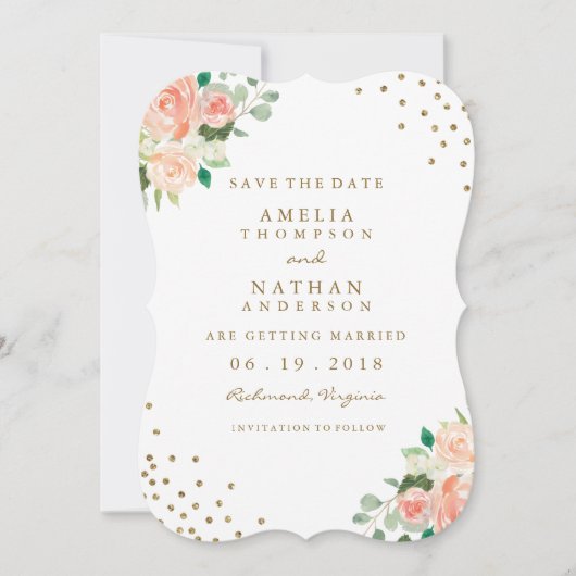 Peach Gold Floral Confetti Wedding Save the Date (Voorkant)