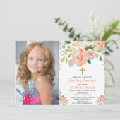 Peach gold floral first heilige communiqué girl fo kaart (Staand voorkant)