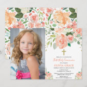 Peach gold floral first heilige communiqué girl fo kaart (Voorkant / Achterkant)