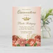 Peach Gold Floral Rozen Quinceanera Kaart (Staand voorkant)